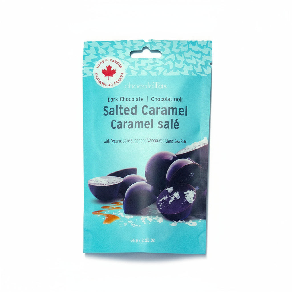 ChocolaTas dark chocolate salted caramels finished with Vancouver Island Sea Salt, 8-piece pouch