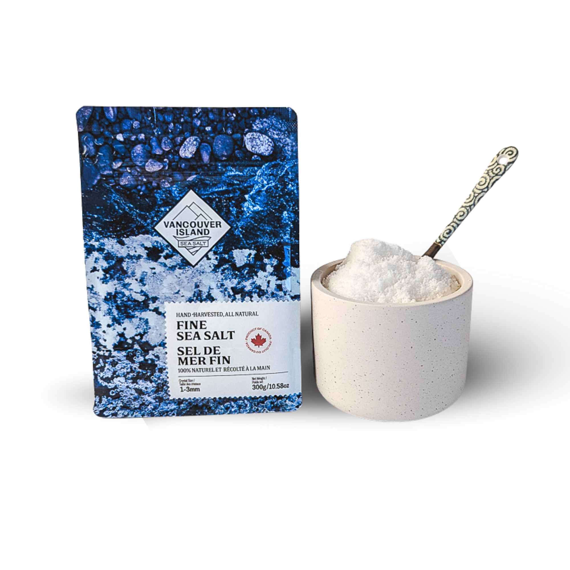 Vancouver Island fine sea salt packaging with a bowl of salt and a spoon on a white background