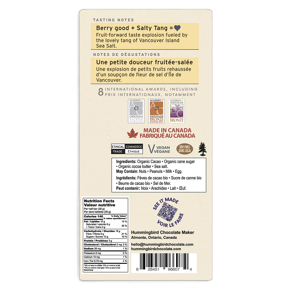 Back of a chocolate bar packaging with text and branding