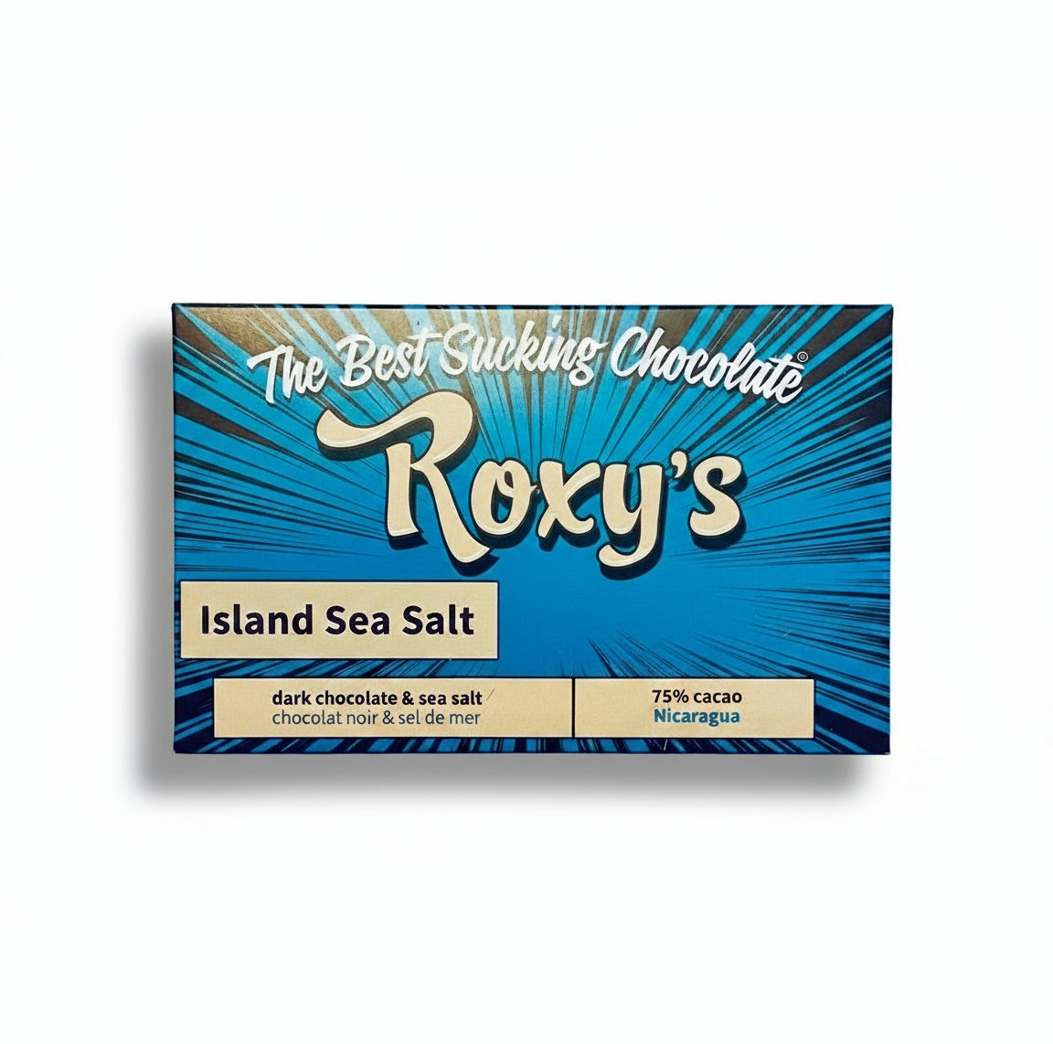 Roxy's Island Sea Salt chocolate bar packaging with blue and gold design