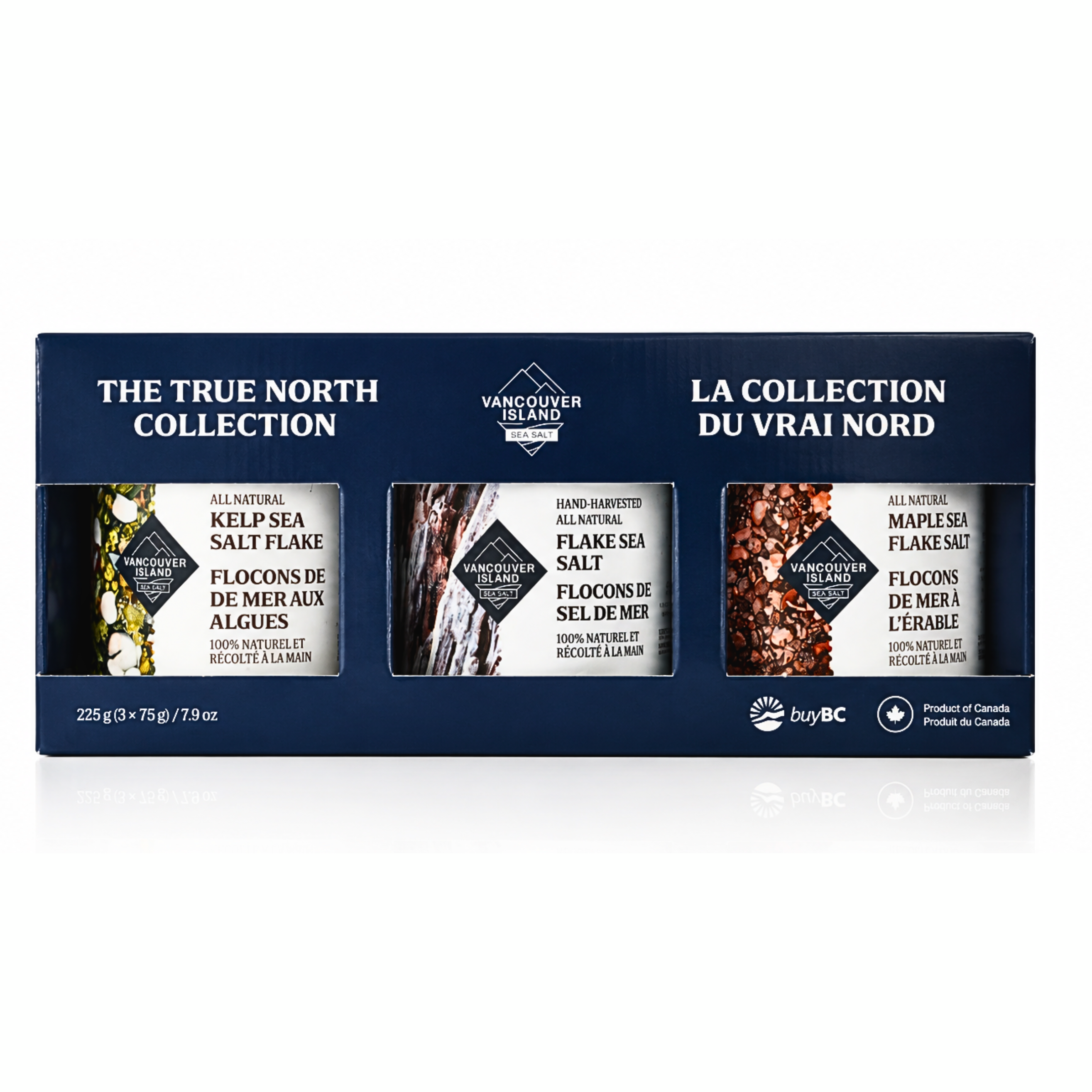 Vancouver Island Salts 'The True North Collection' gift box containing three salt products: Kelp Sea Salt Flake, Flakes of Sea Salt, and Maple Flakes Salt, shown in a dark blue retail package.