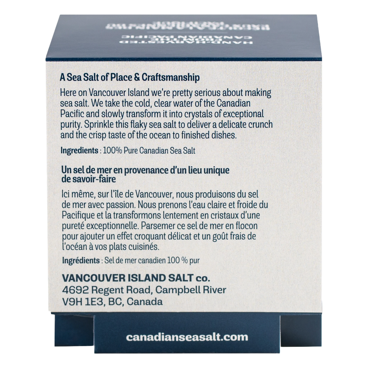 Back of the Flake Sea Salt 75 g sleeve with bilingual description and ingredients