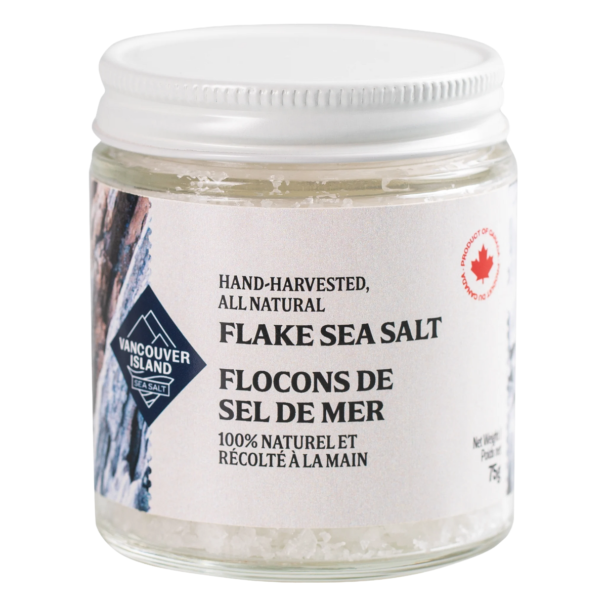 75 g glass jar of hand-harvested Vancouver Island flake sea salt with white lid