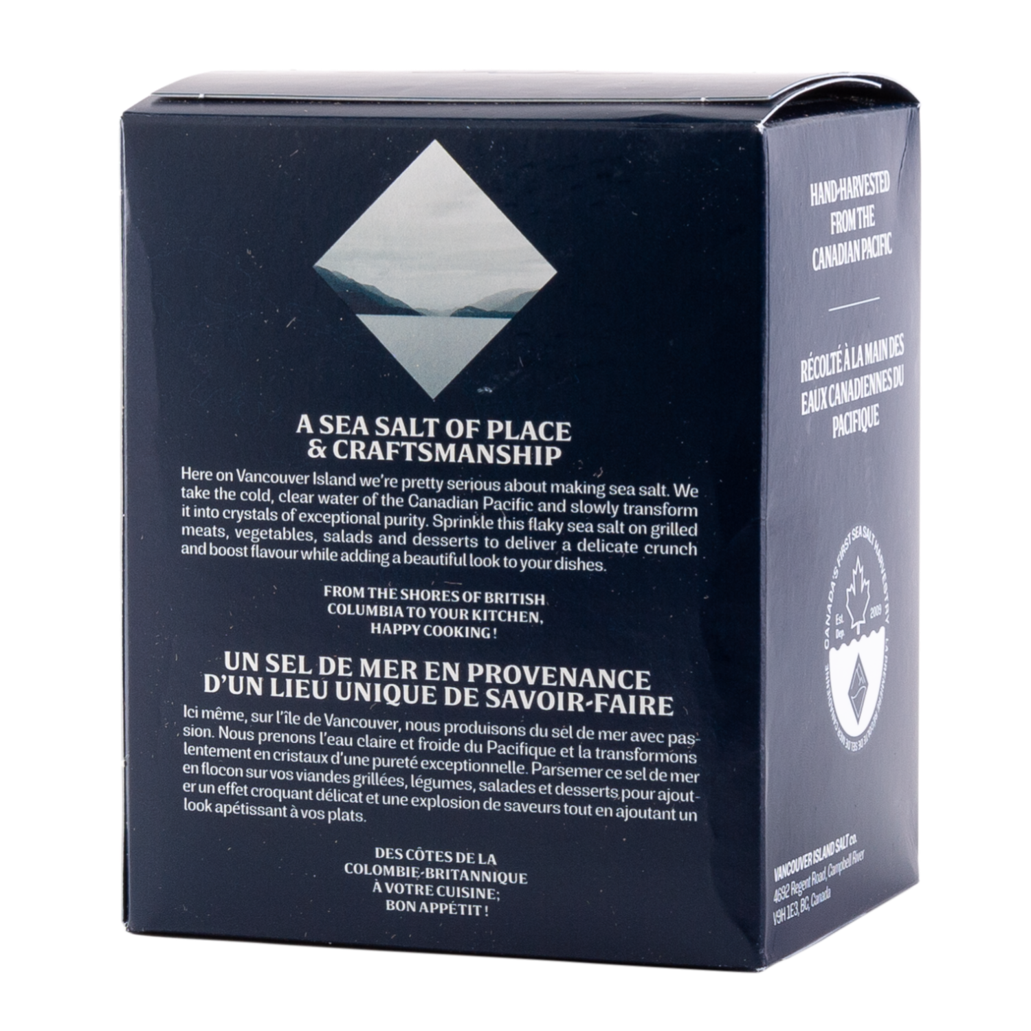 A photograph of the back a blue sea salt flake box