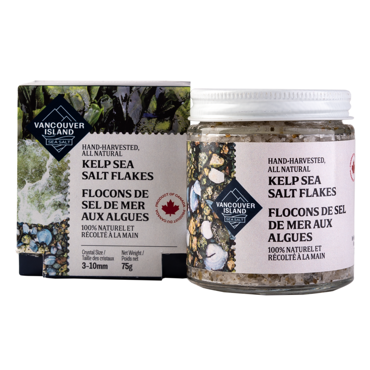 Containers of Vancouver Island Kelp Sea Salt Flakes.