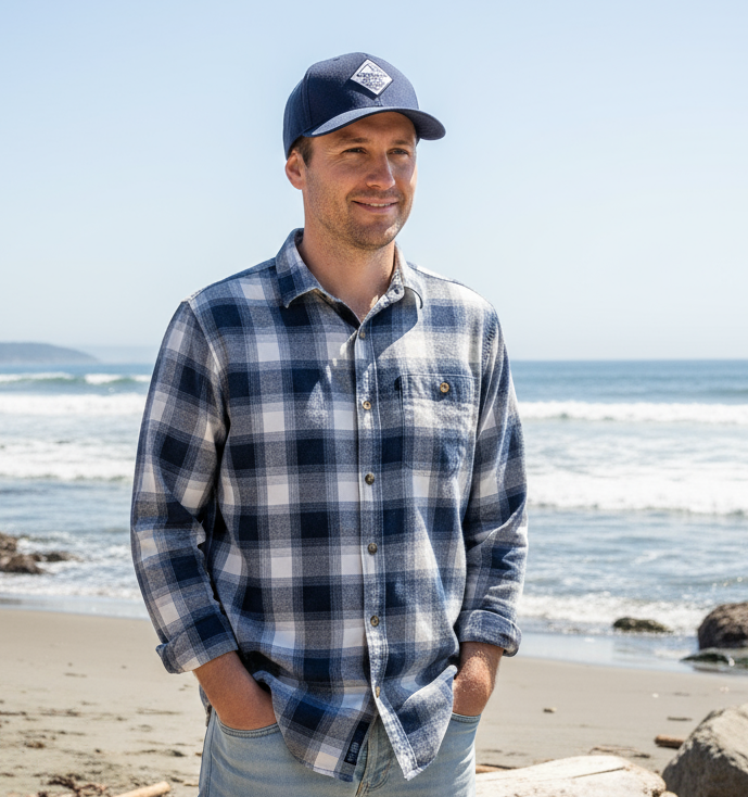 Man wearing a blue plaid shirt and cap standing on a beach with ocean waves in the background.