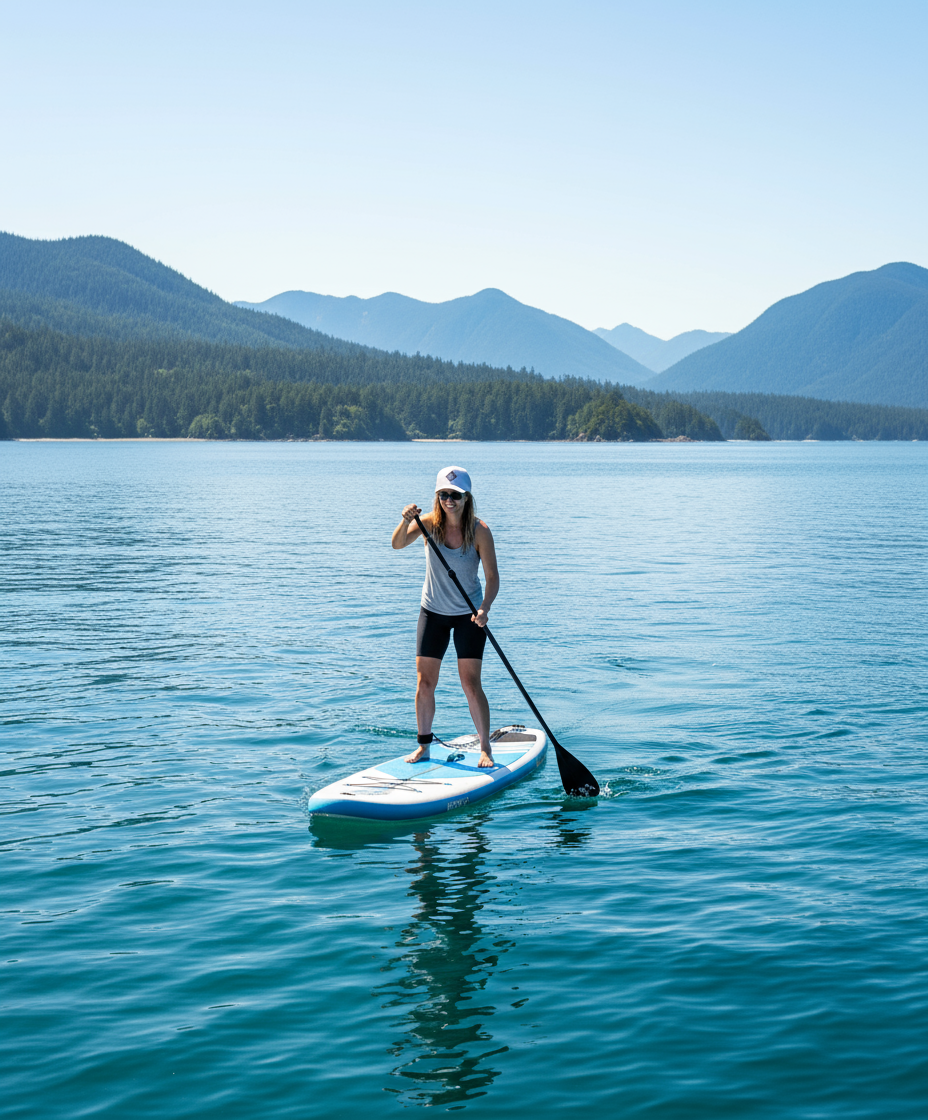 Person with a white baseball cap paddleboarding on a calm lake with mountains in the background