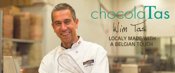 A photograph of CholocaTas Wim Tas. The text reads Locally Made With a Belgian Touch.