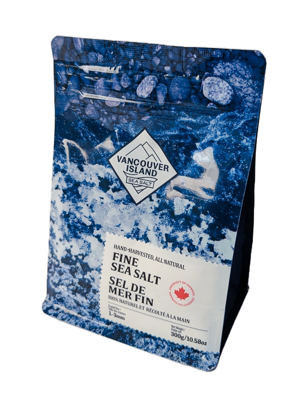 A bag of vancouver island sea salt fine sea salt.