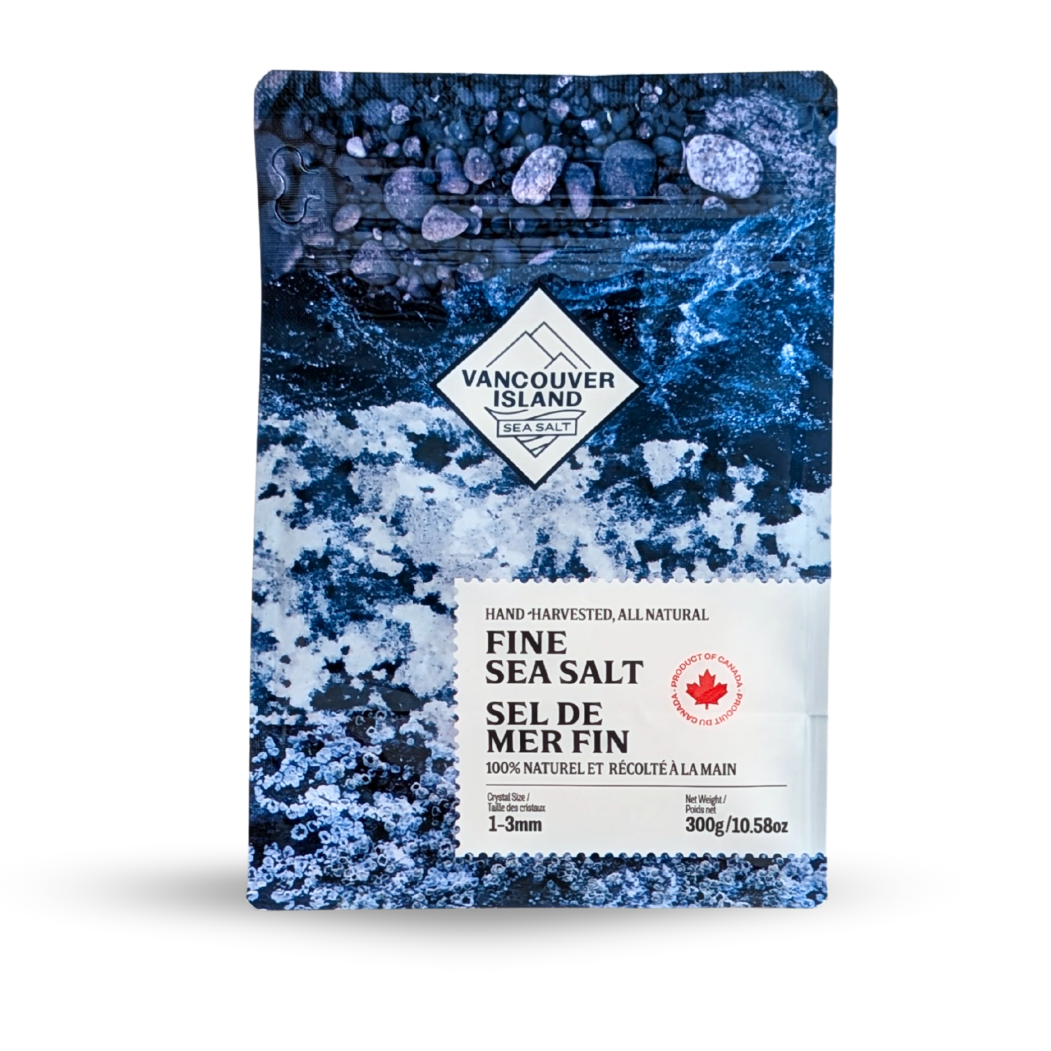 Fine Sea Salt 300g bag from Vancouver Island Sea Salt with ocean-blue pebble beach packaging
