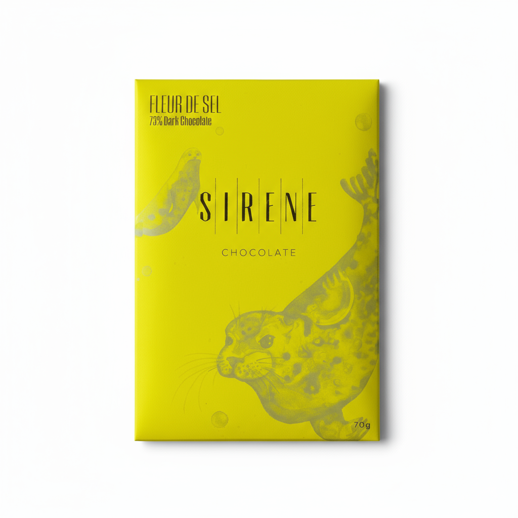 A yellow Sirene Chocolate package decorated with a seal illustration 
